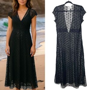 Miken Swim Cover Up Black Lace Sheer Midi Dress Large